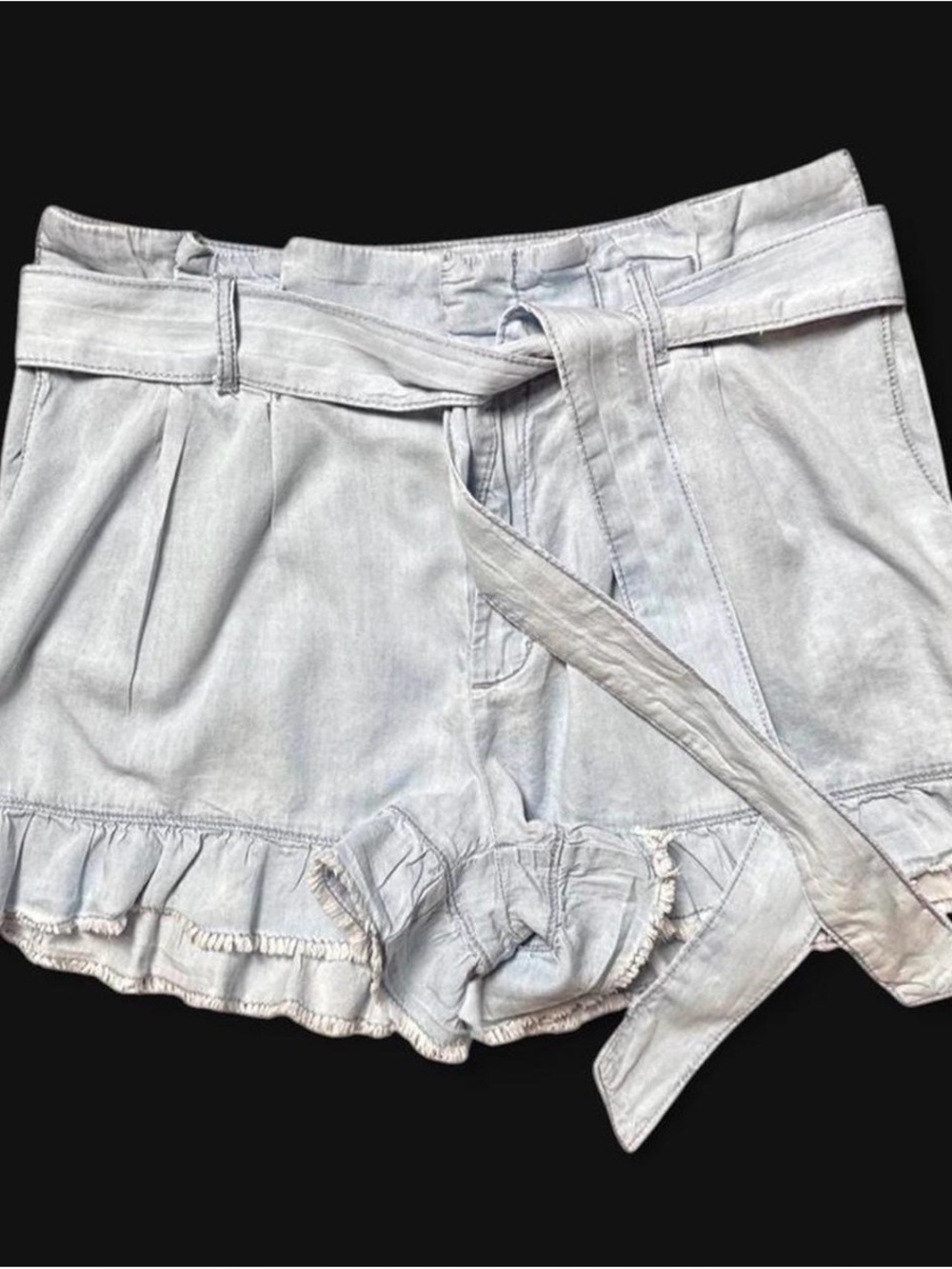 Sincerely Jules Light Wash Ruffle-Hem High Waist Tie-Belt Shorts